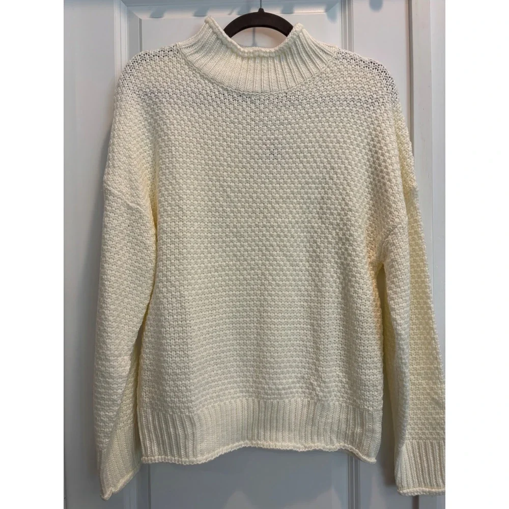 ZESICA Womens Cream Textured Chunky Knit Mock Neck Oversized Sweater Small NEW - Picture 2 of 5